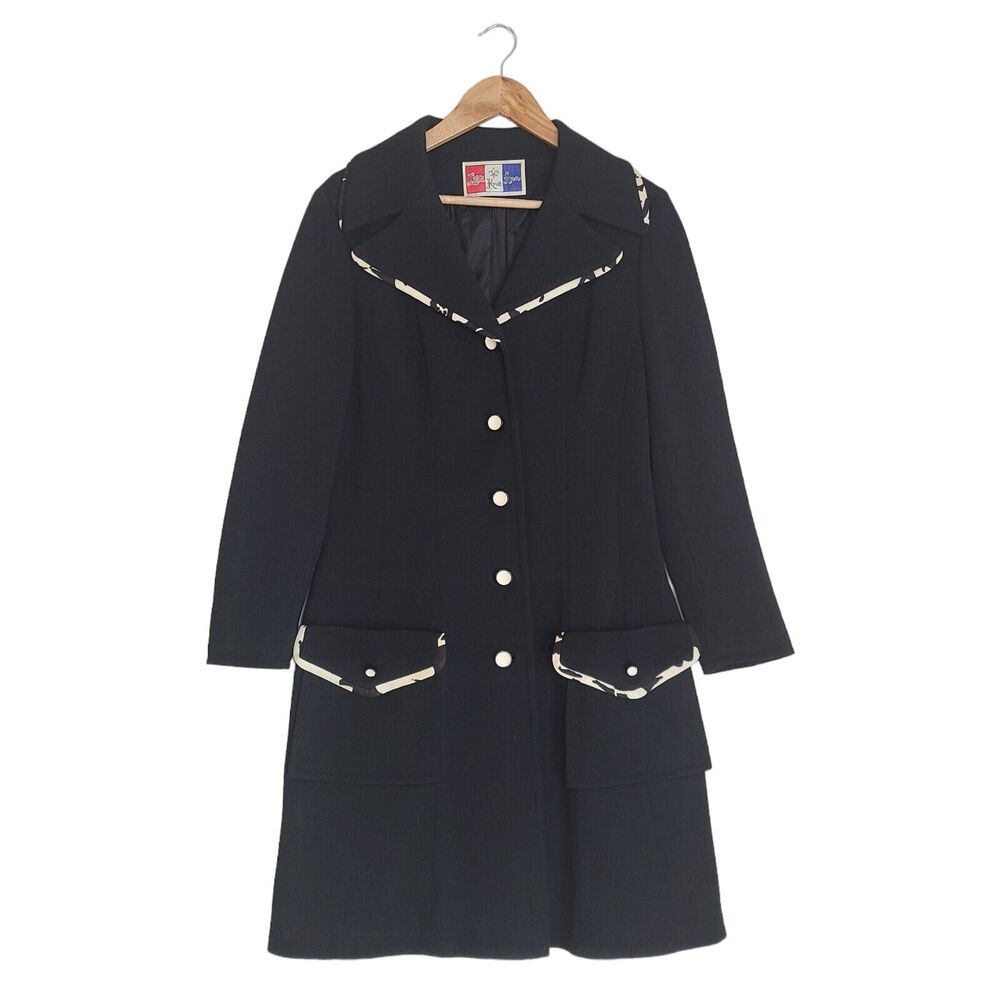 Vintage Black Women's Long Coat with Contrast Trim